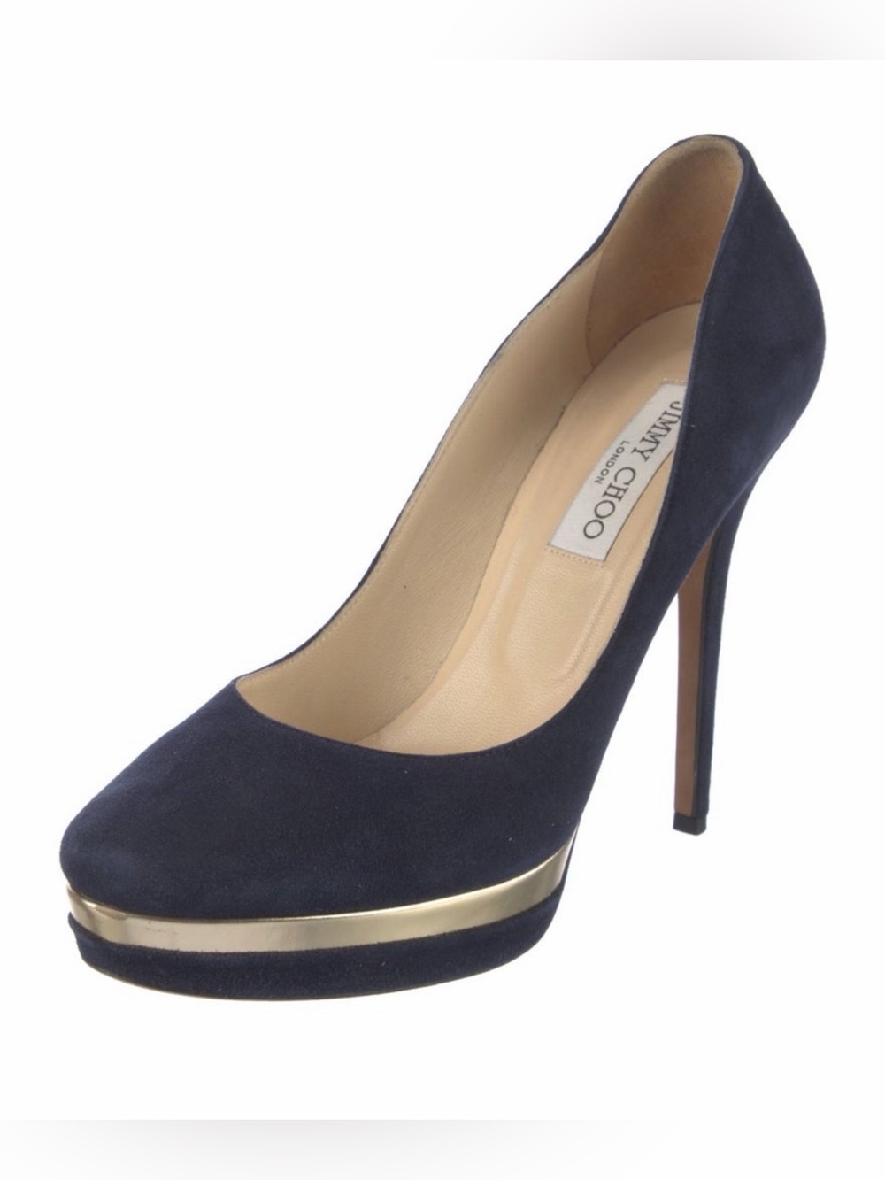 Jimmy Choo Navy Suede Platform Pump with Gold Trim - Picture 2 of 5